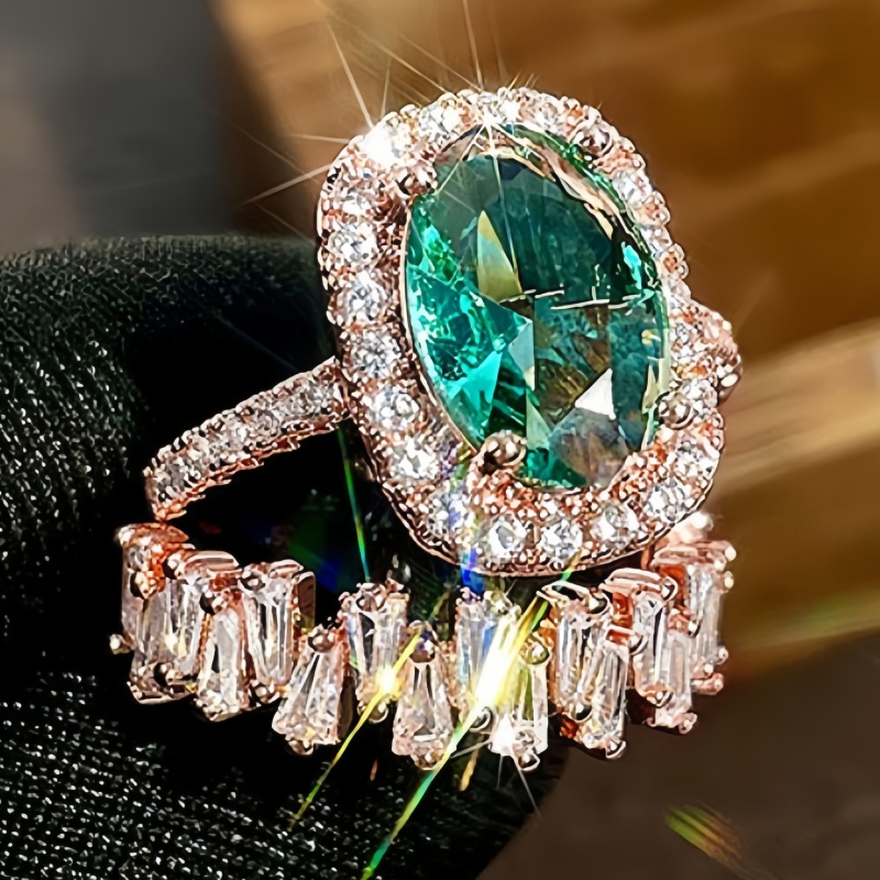 2pc Luxury Inlay Oval Green Zircon Halo Ring Set